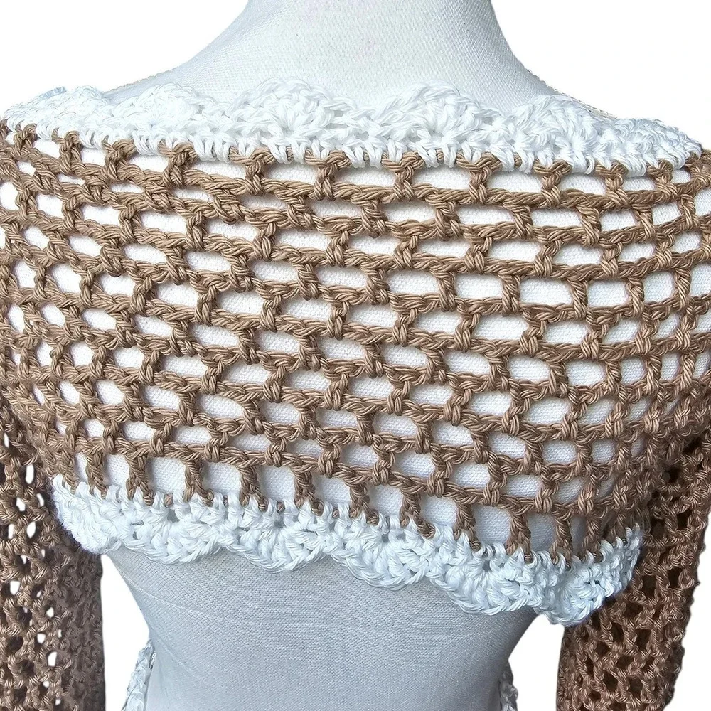 Handmade Crochet Festival Set,‎ Bell Sleeve Front Tie Shrug & Mini Skirt, Taupe